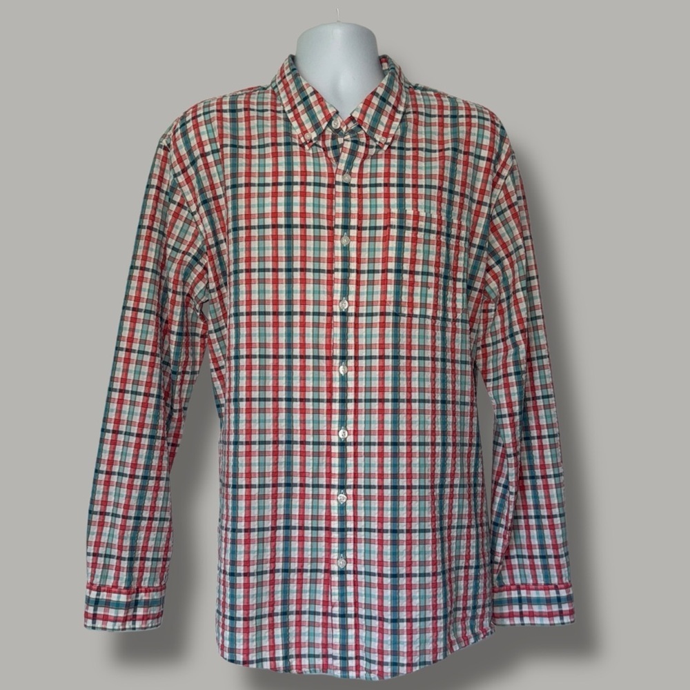 LL Bean Seersucker Plaid Button Down Shirt XL Tall Organic Cotton Long Sleeve